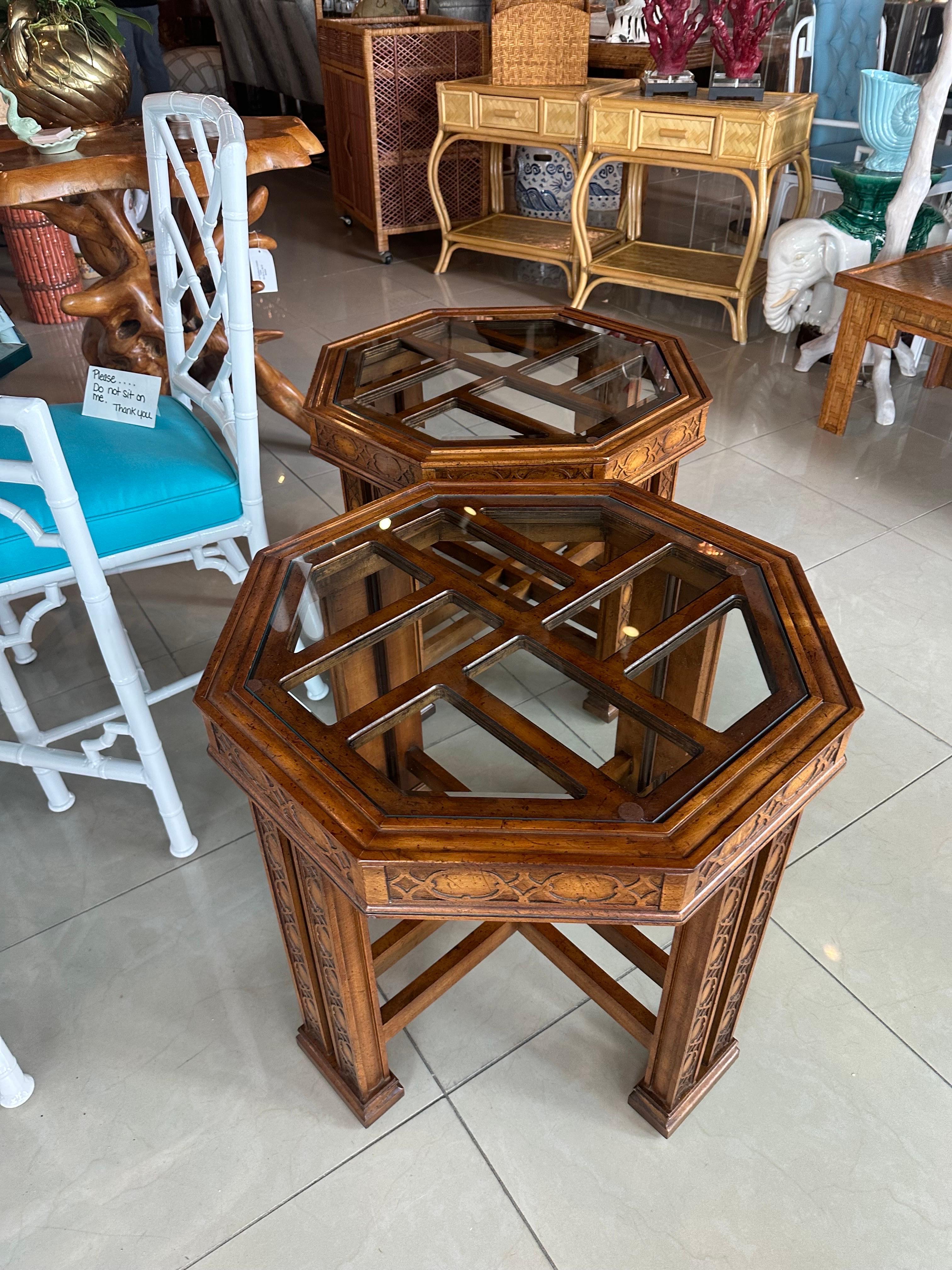 Late 20th Century Vintage Pair End Side Tables Fret Work Fretwork Chinese Chippendale Wood Octagon For Sale
