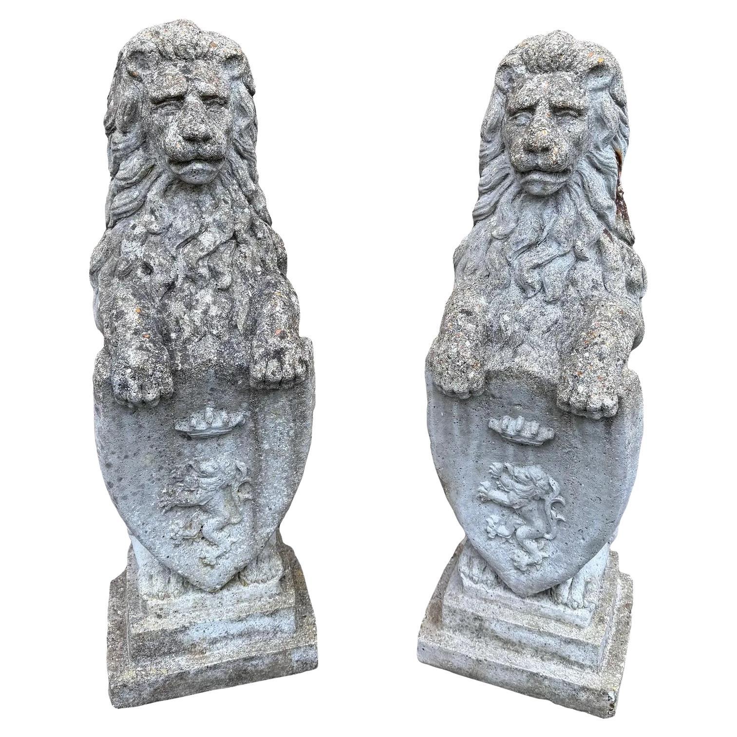 Vintage Pair English Cast Stone Lions With Heraldic Shield Statues For Sale