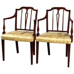 Vintage Pair English Regency Carved Mahogany Upholstered Armchairs, circa 1940