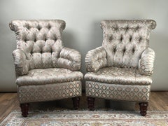 Vintage Pair English Regency Style Tufted Library Chairs in Fine Silk