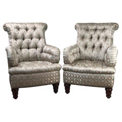 Vintage Pair English Regency Style Tufted Library Chairs in Fine Silk
