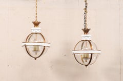 Vintage Pair English White & Bronze Metal w/Glass Globe Lanterns
