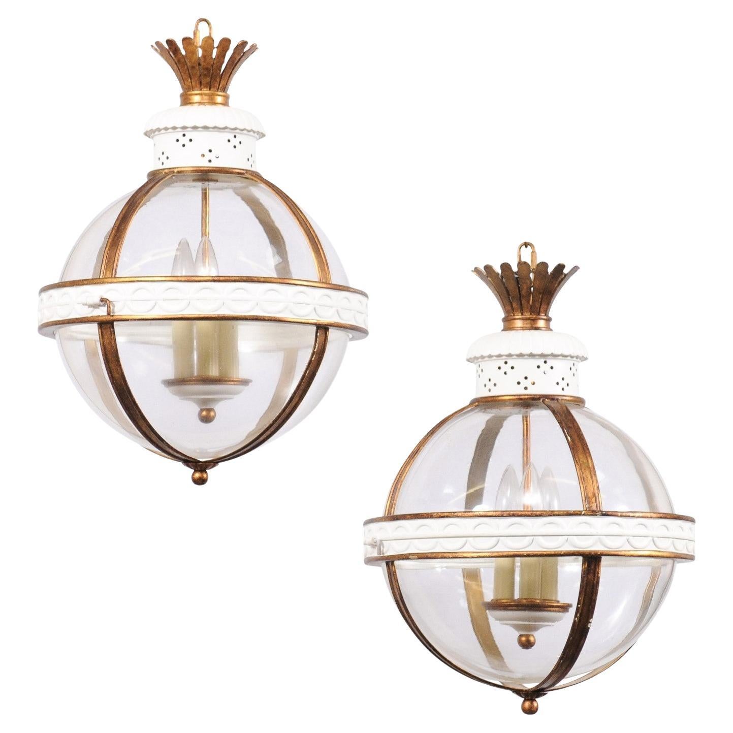 Vintage Pair English White 
Bronze Metal w/Glass Globe Lanterns