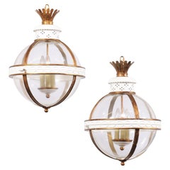 Vintage Pair English White & Bronze Metal w/Glass Globe Lanterns