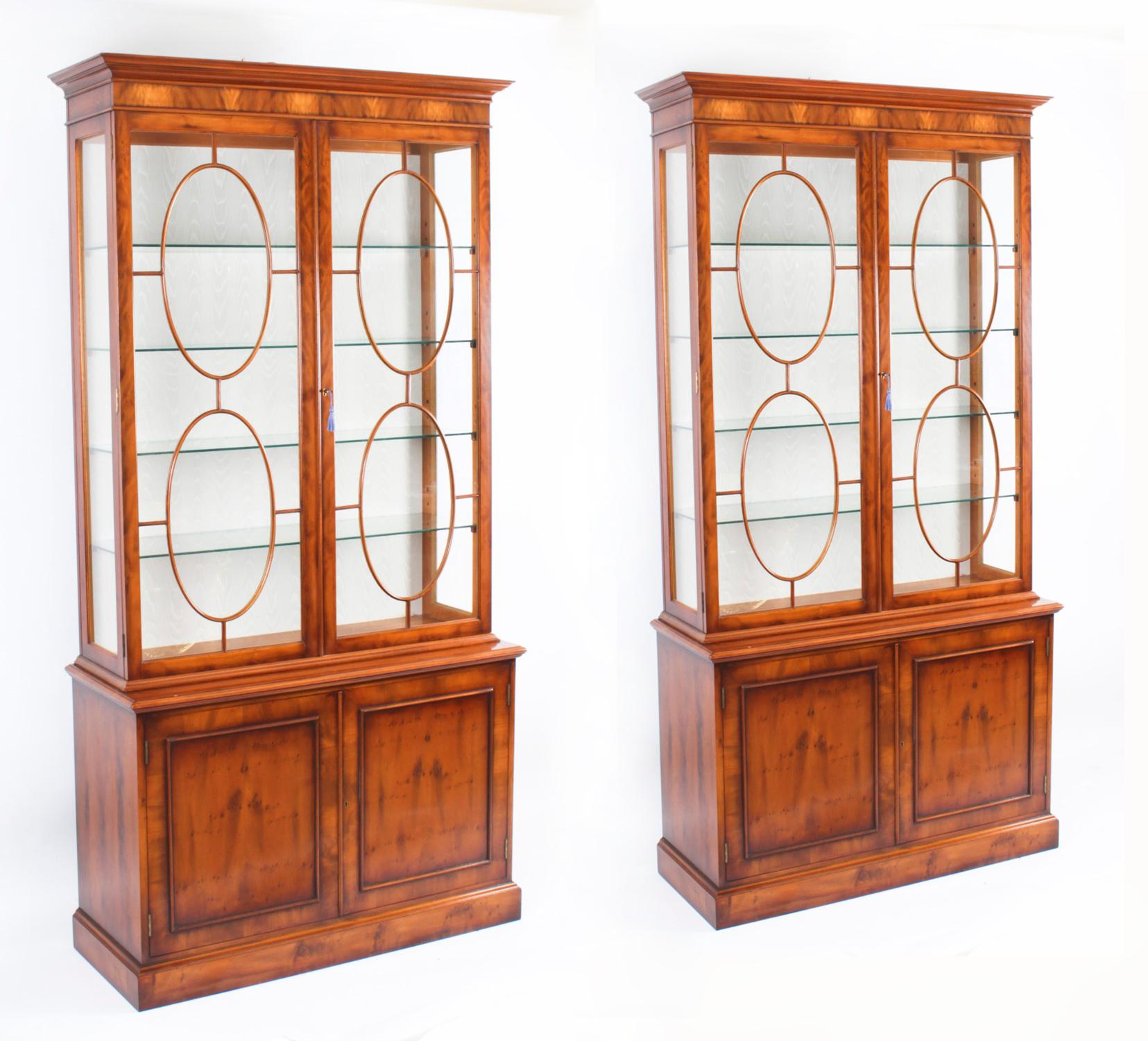 Vintage Pair English Yew Wood Library Bookcases Display Cabinets, 20th C 14