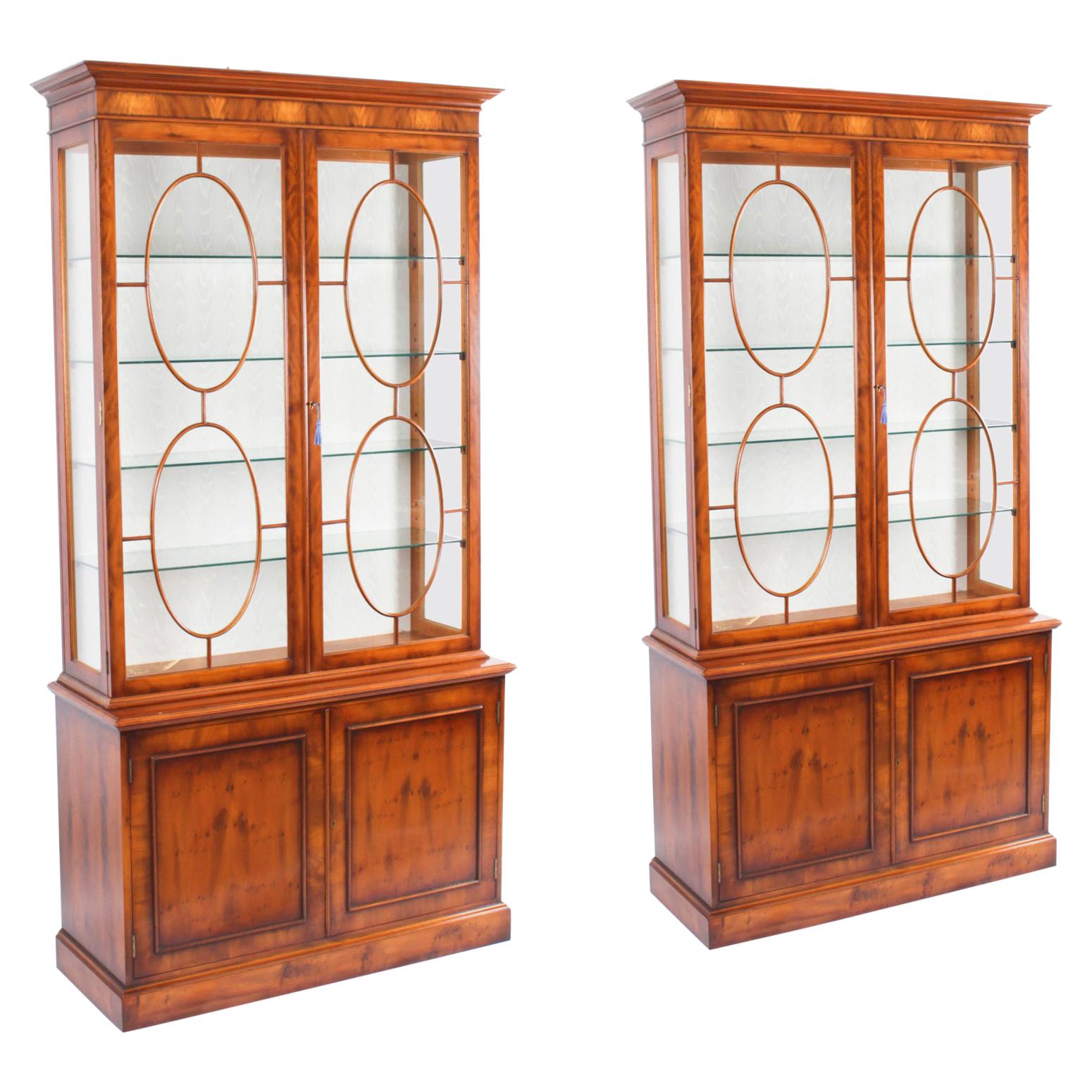 Vintage Pair English Yew Wood Library Bookcases Display Cabinets, 20th C