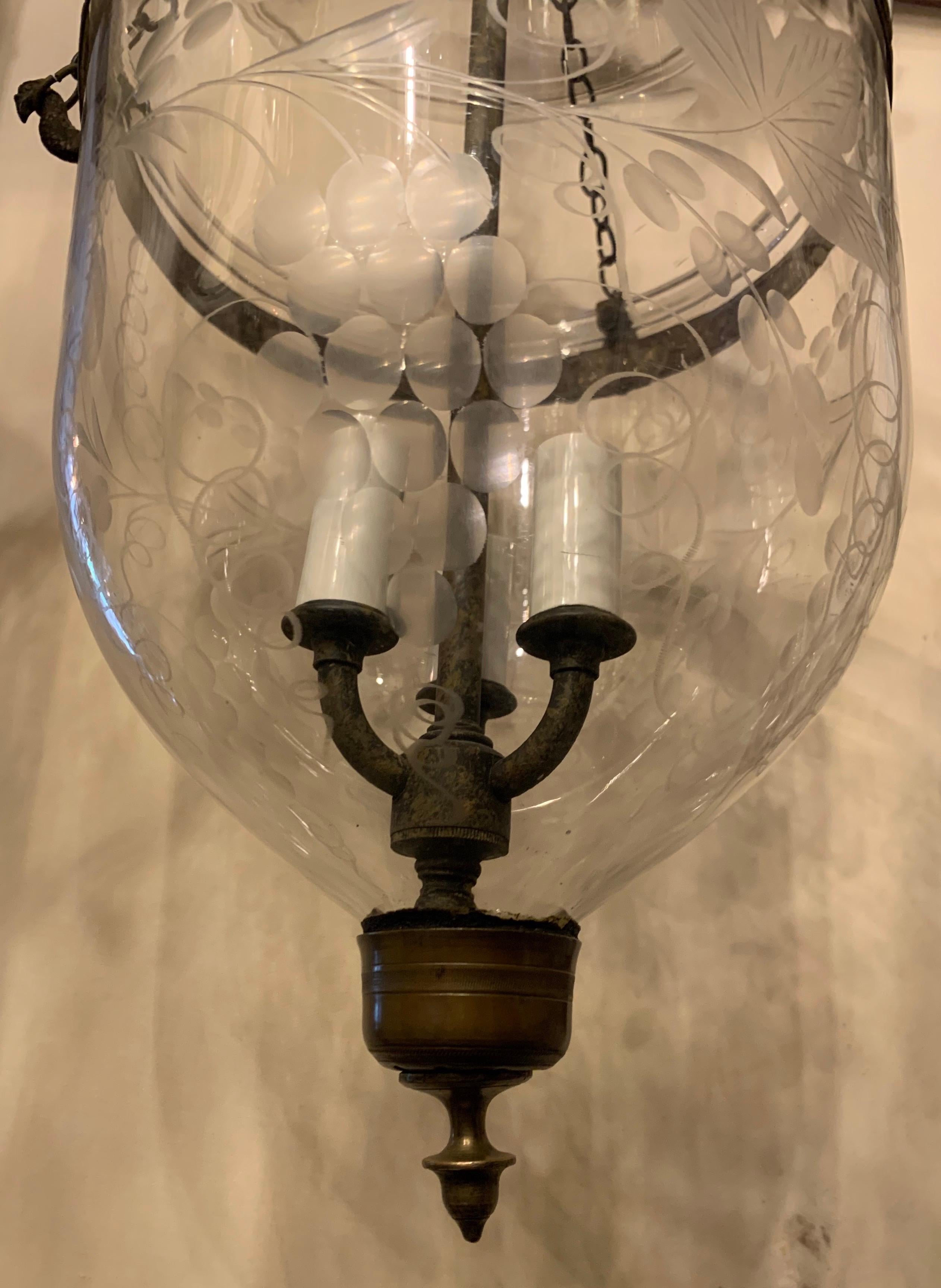 European Vintage Pair Etched Glass Leaves Grapes Bell Jar Lanterns Bronze Vaughan Fixture