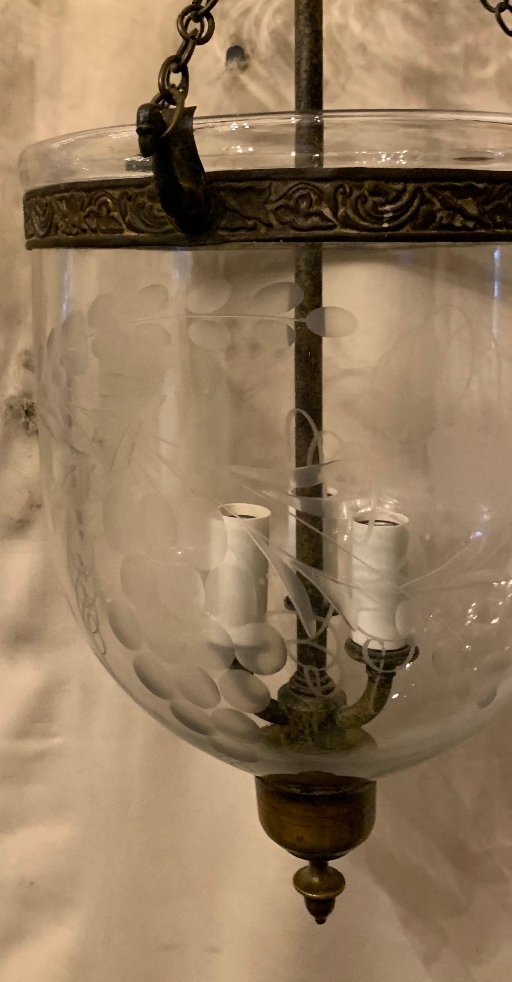 Vintage Pair Etched Glass Leaves Grapes Bell Jar Lanterns Bronze Vaughan Fixture 1