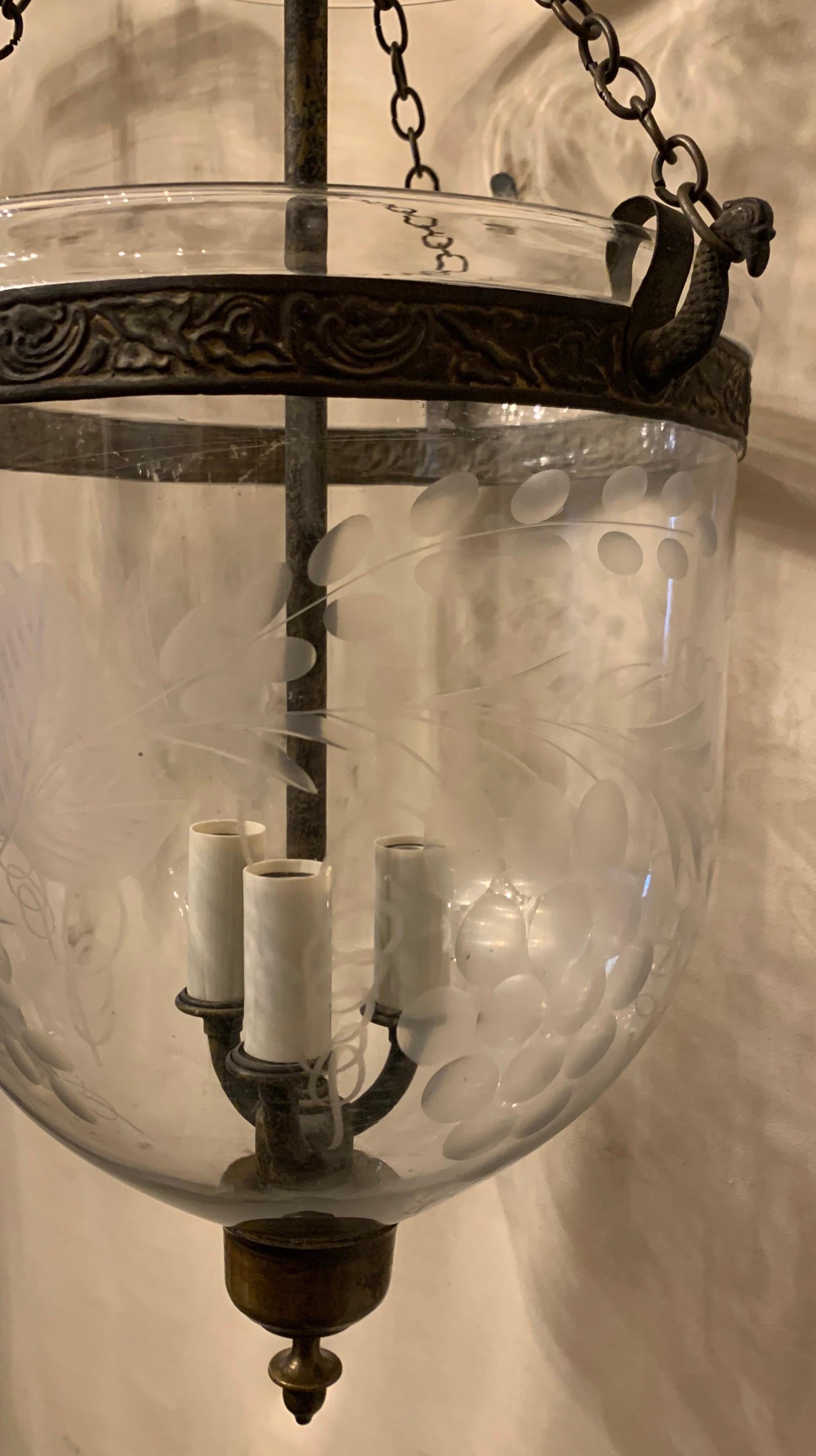 Vintage Pair Etched Glass Leaves Grapes Bell Jar Lanterns Bronze Vaughan Fixture 2