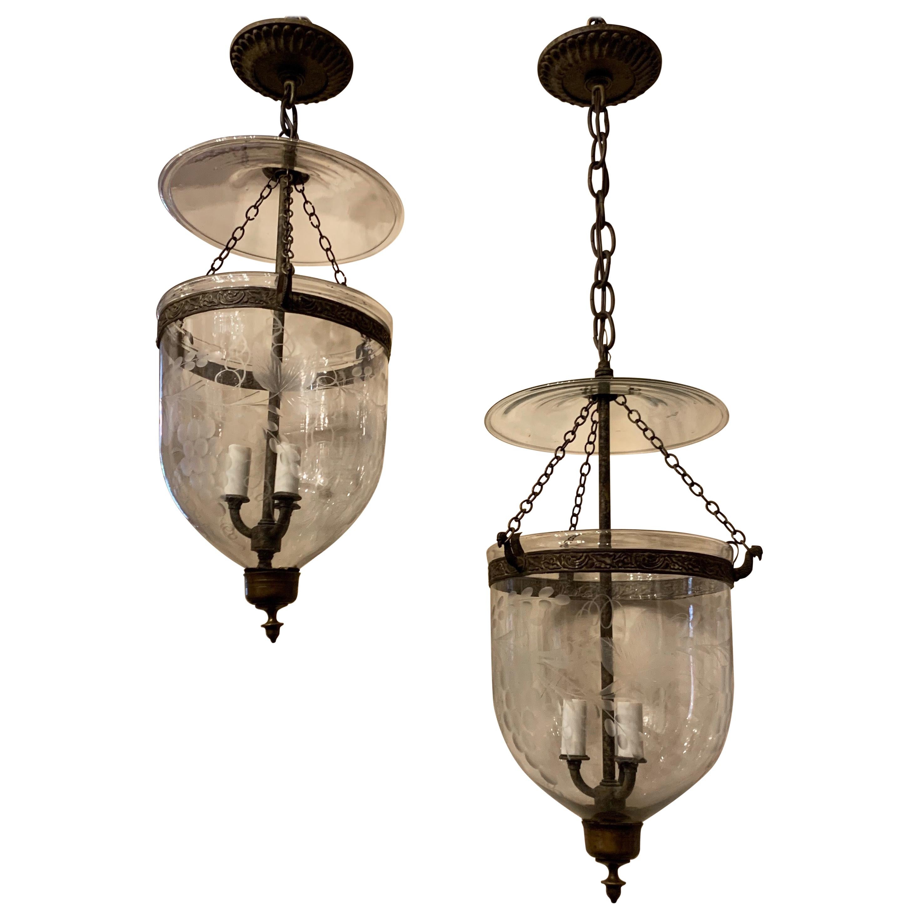 Vintage Pair Etched Glass Leaves Grapes Bell Jar Lanterns Bronze Vaughan Fixture