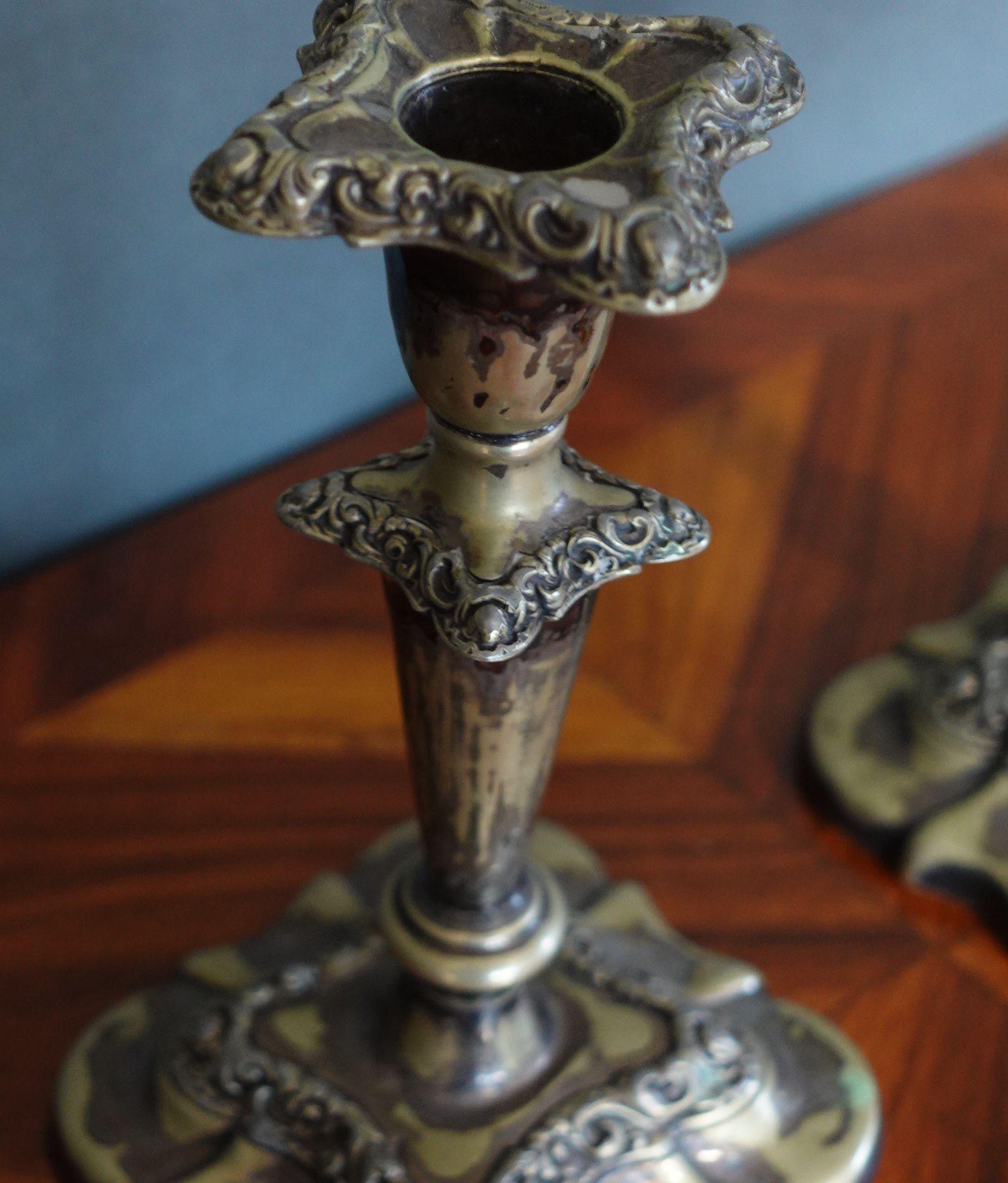Cast Vintage Pair Fancy Gorham Silver Plate Candlesticks with Inserts No. 20702 For Sale
