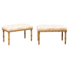 Vintage Pair Faux Bamboo Carved Benches w/Upholstered Seats