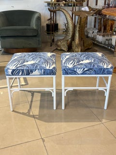 Vintage Pair Faux Bamboo Metal Benches Ottomans Stools Blue & White Palms