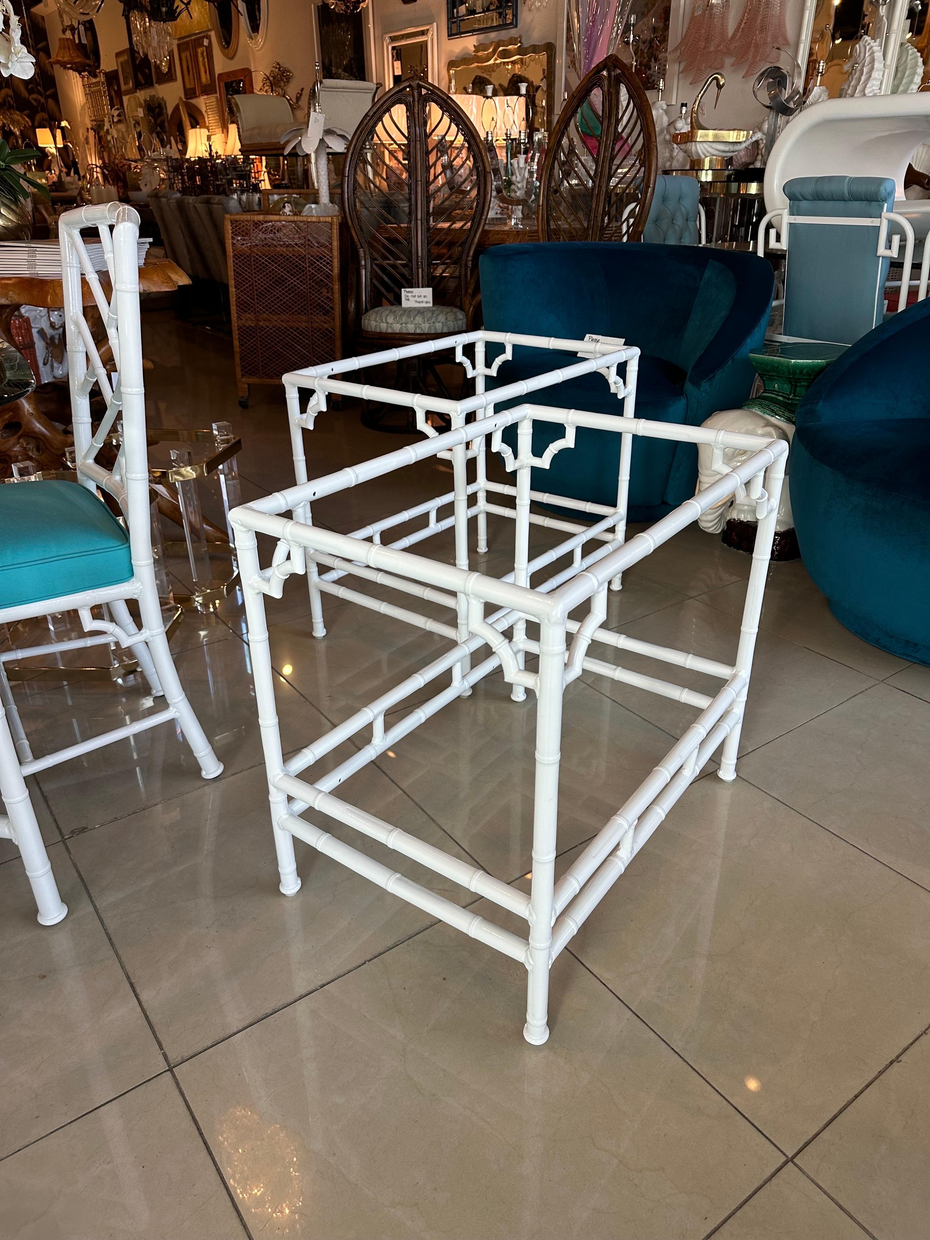 Vintage pair of faux bamboo metal side end tables. Indoor or outdoor, patio. These have been newly, professionally powder-coated. There are two glass shelves, top and bottom. The glass pieces will be newly cut prior to shipping or pickup. These have