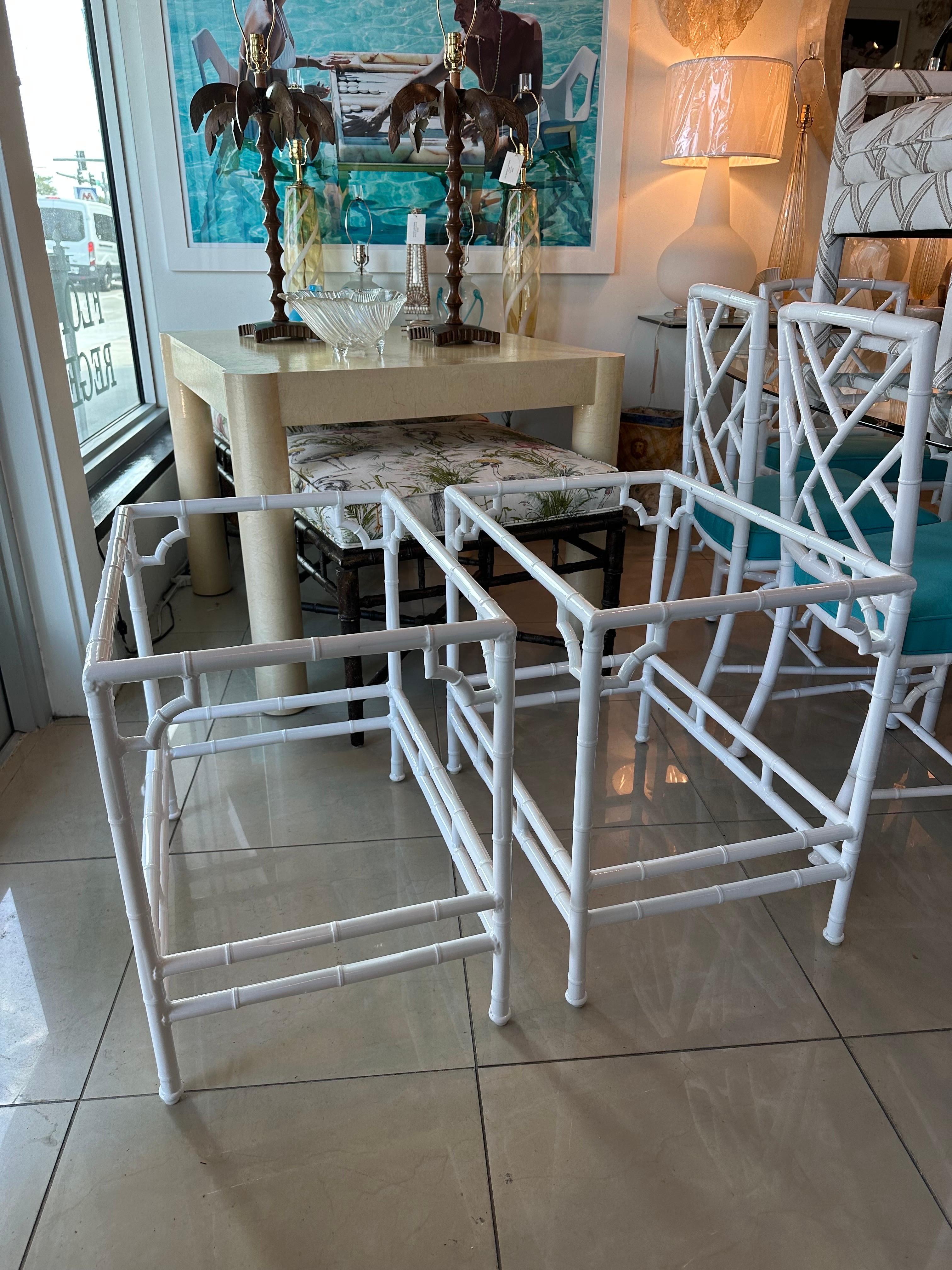 Vintage Pair Faux Bamboo Metal End Side Tables Patio Outdoor Newly Restored In Good Condition In West Palm Beach, FL