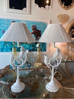 Vintage Pair Faux Bamboo Parrot Bird Table Lamps Woven Rattan Shade Newly Wired