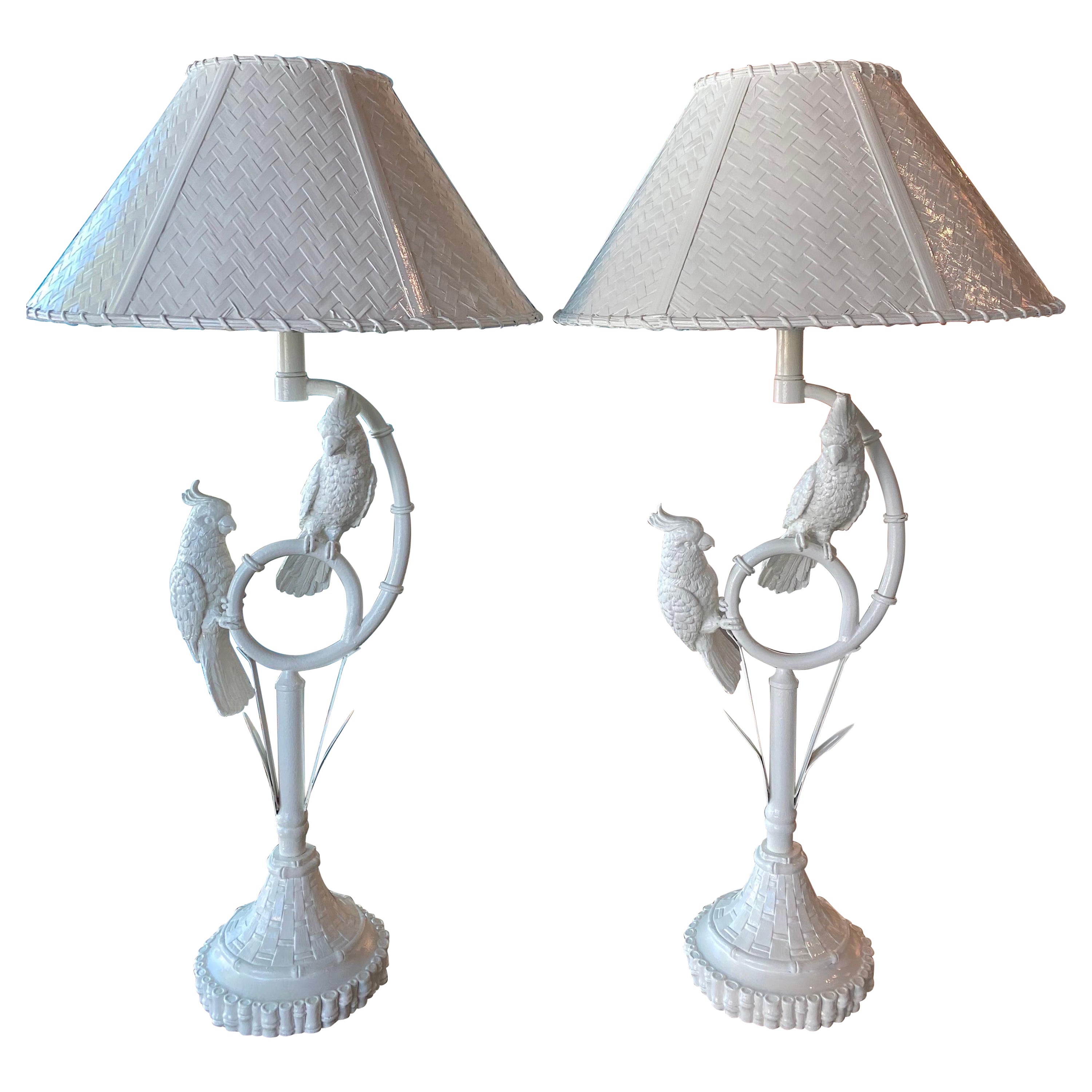 Vintage Pair Faux Bamboo Parrot Bird Table Lamps Woven Rattan Shade Newly Wired