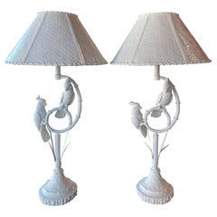 Vintage Pair Faux Bamboo Parrot Bird Table Lamps Woven Rattan Shade Newly Wired