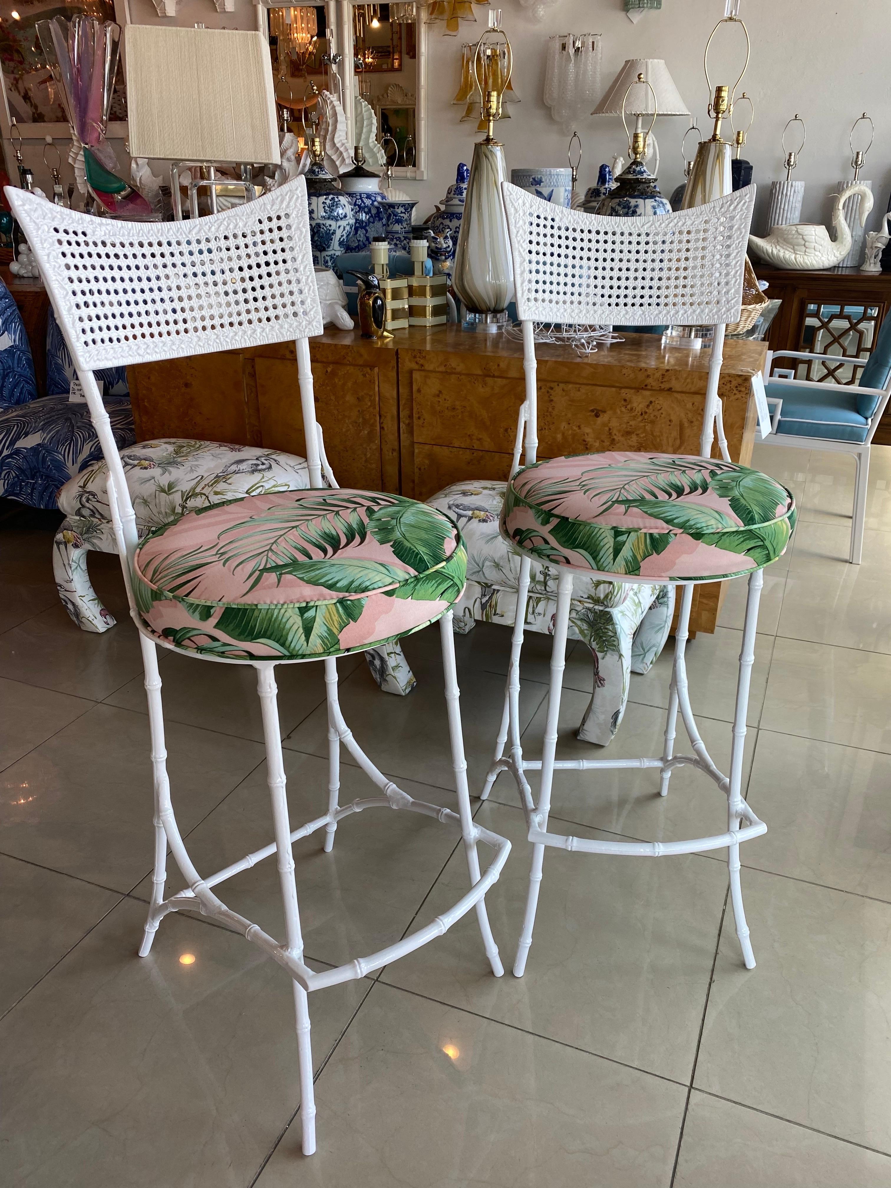 Vintage Pair Faux Bamboo Phyllis Morris Barstools Patio Powdercoated Upholstered In Good Condition For Sale In West Palm Beach, FL