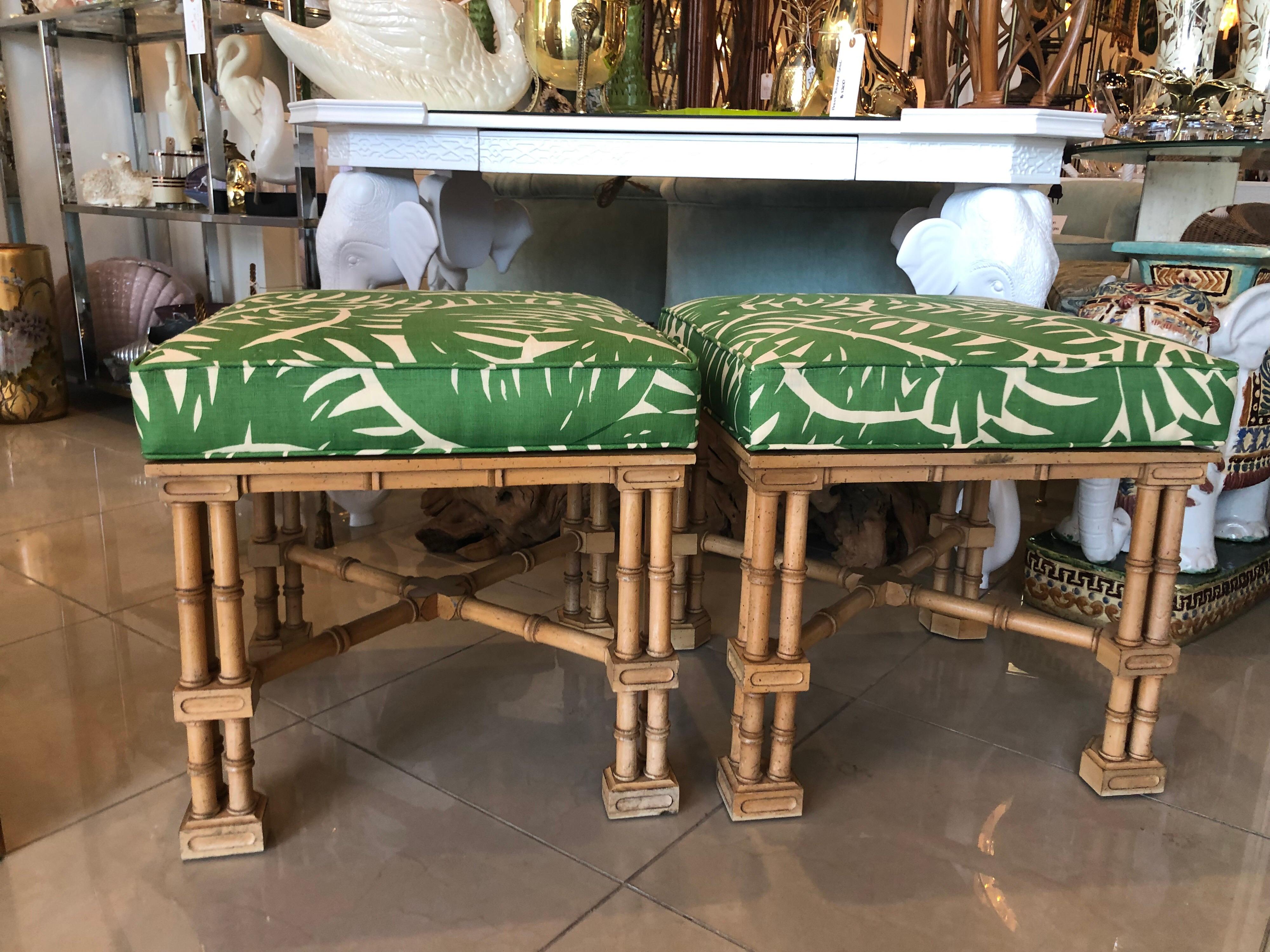 Vintage Pair Faux Bamboo Tropical Palm Leaf Upholstered Benches Ottomans Stools 3