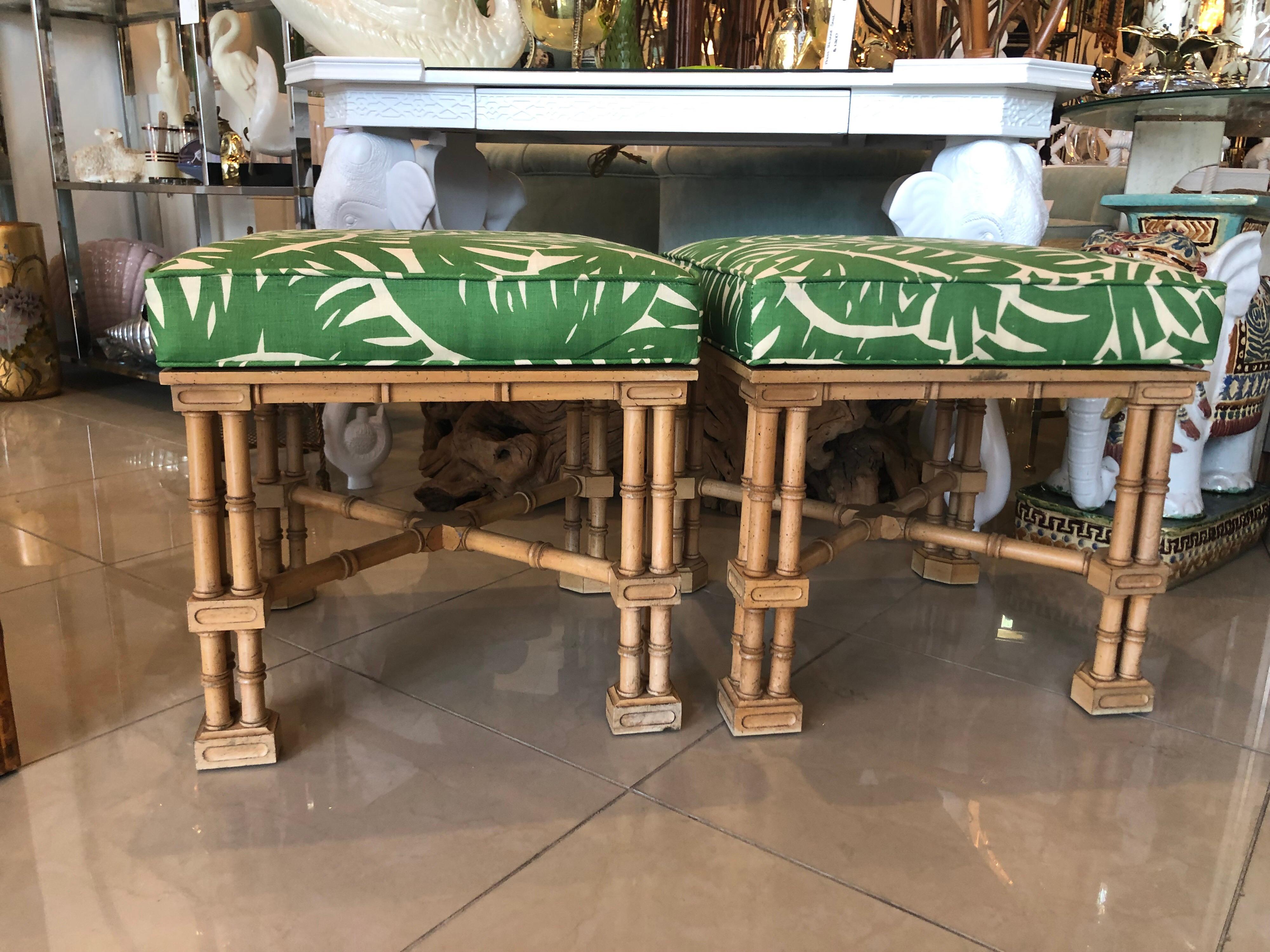 Vintage Pair Faux Bamboo Tropical Palm Leaf Upholstered Benches Ottomans Stools 4