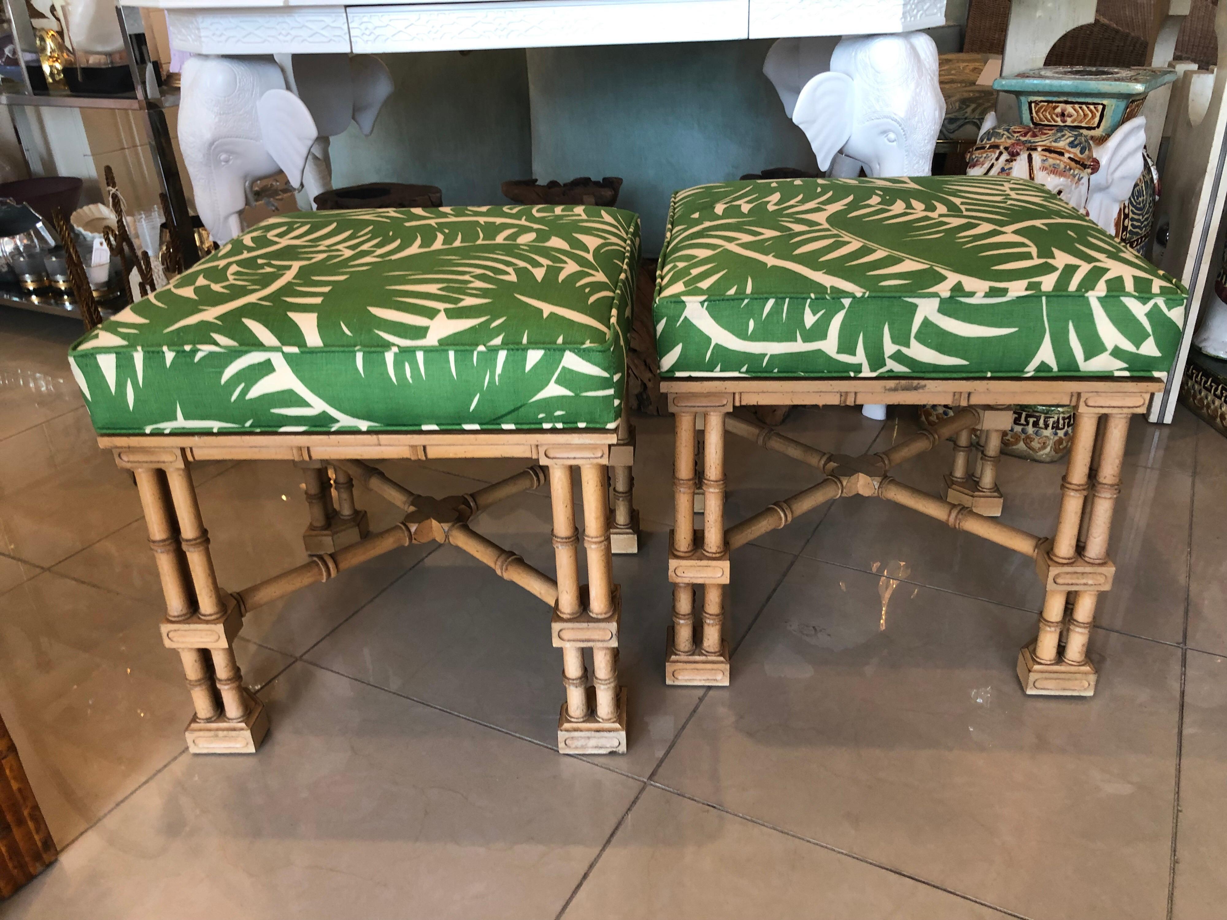 Hollywood Regency Vintage Pair Faux Bamboo Tropical Palm Leaf Upholstered Benches Ottomans Stools