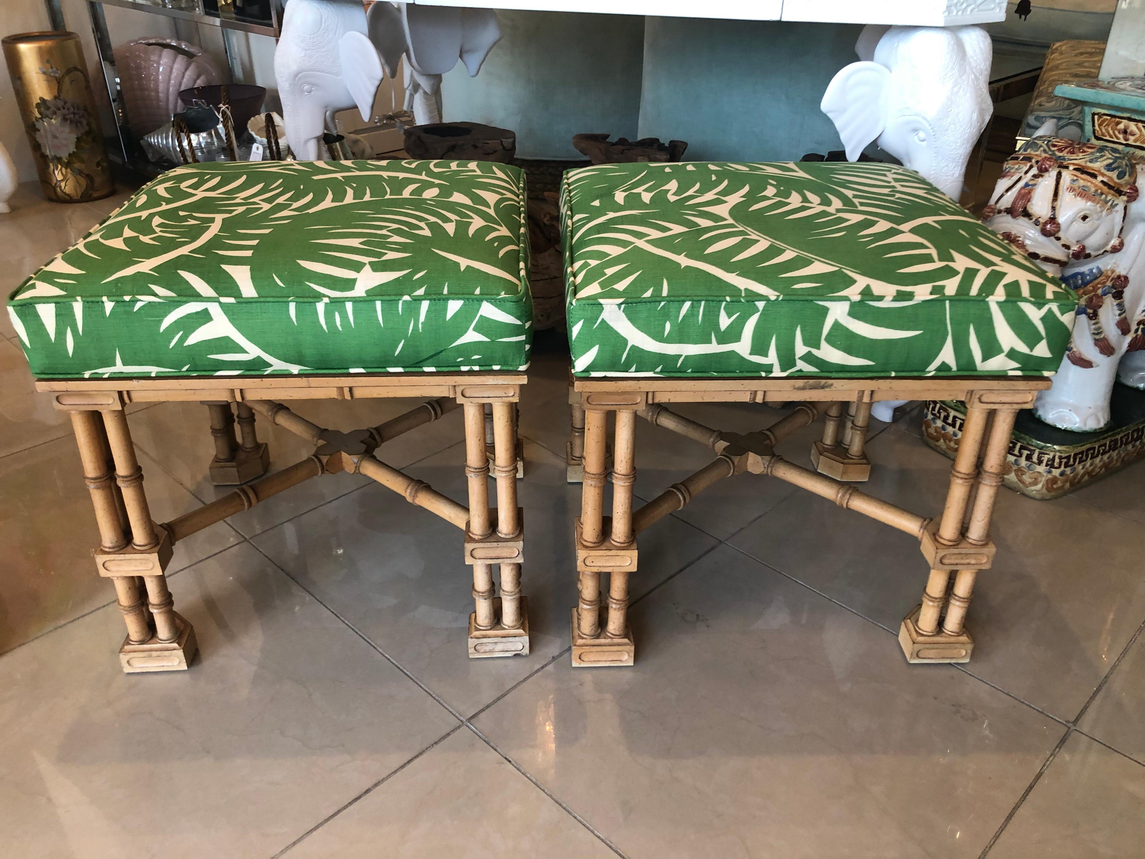 American Vintage Pair Faux Bamboo Tropical Palm Leaf Upholstered Benches Ottomans Stools