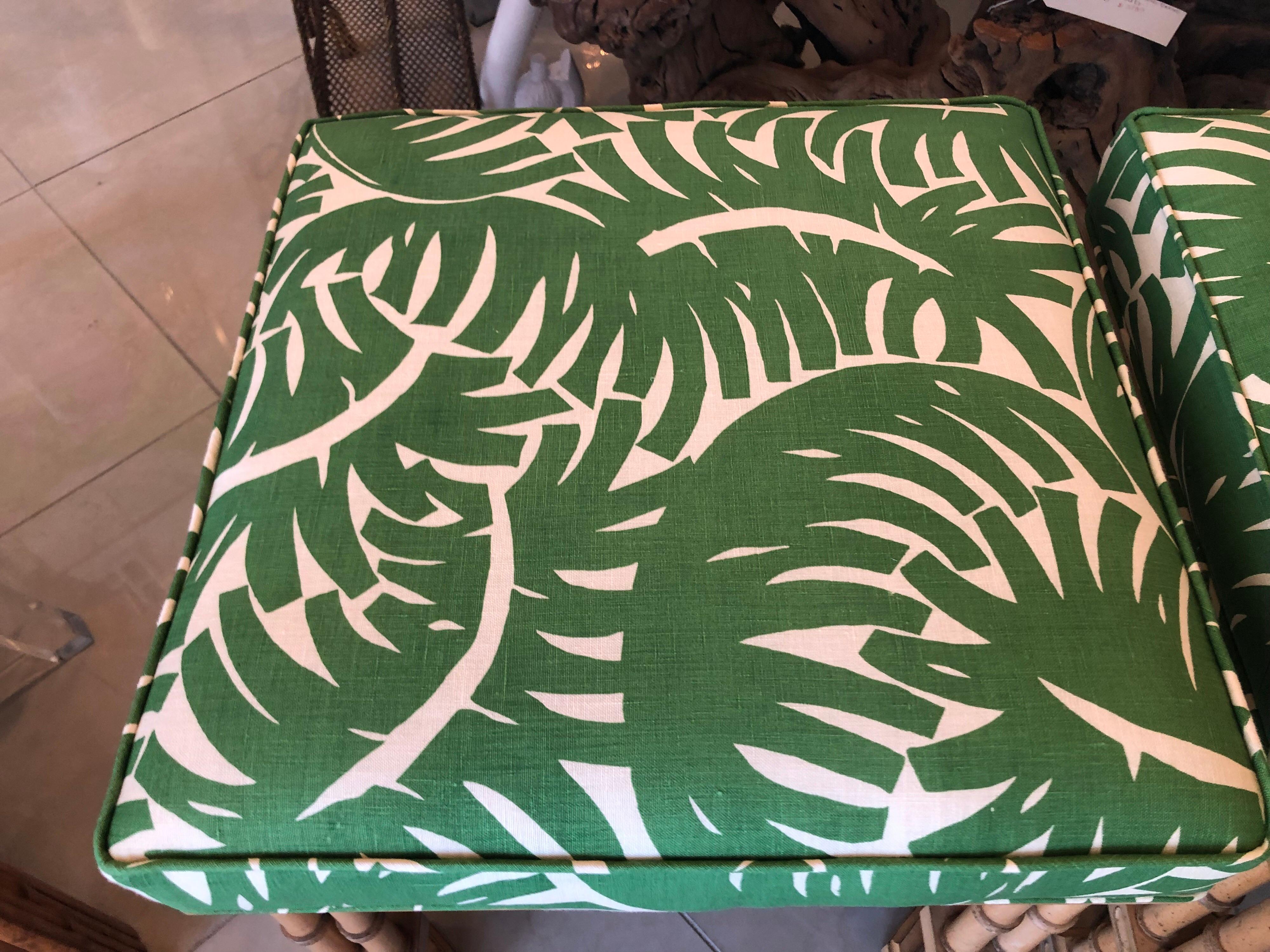 Vintage Pair Faux Bamboo Tropical Palm Leaf Upholstered Benches Ottomans Stools In Good Condition In West Palm Beach, FL