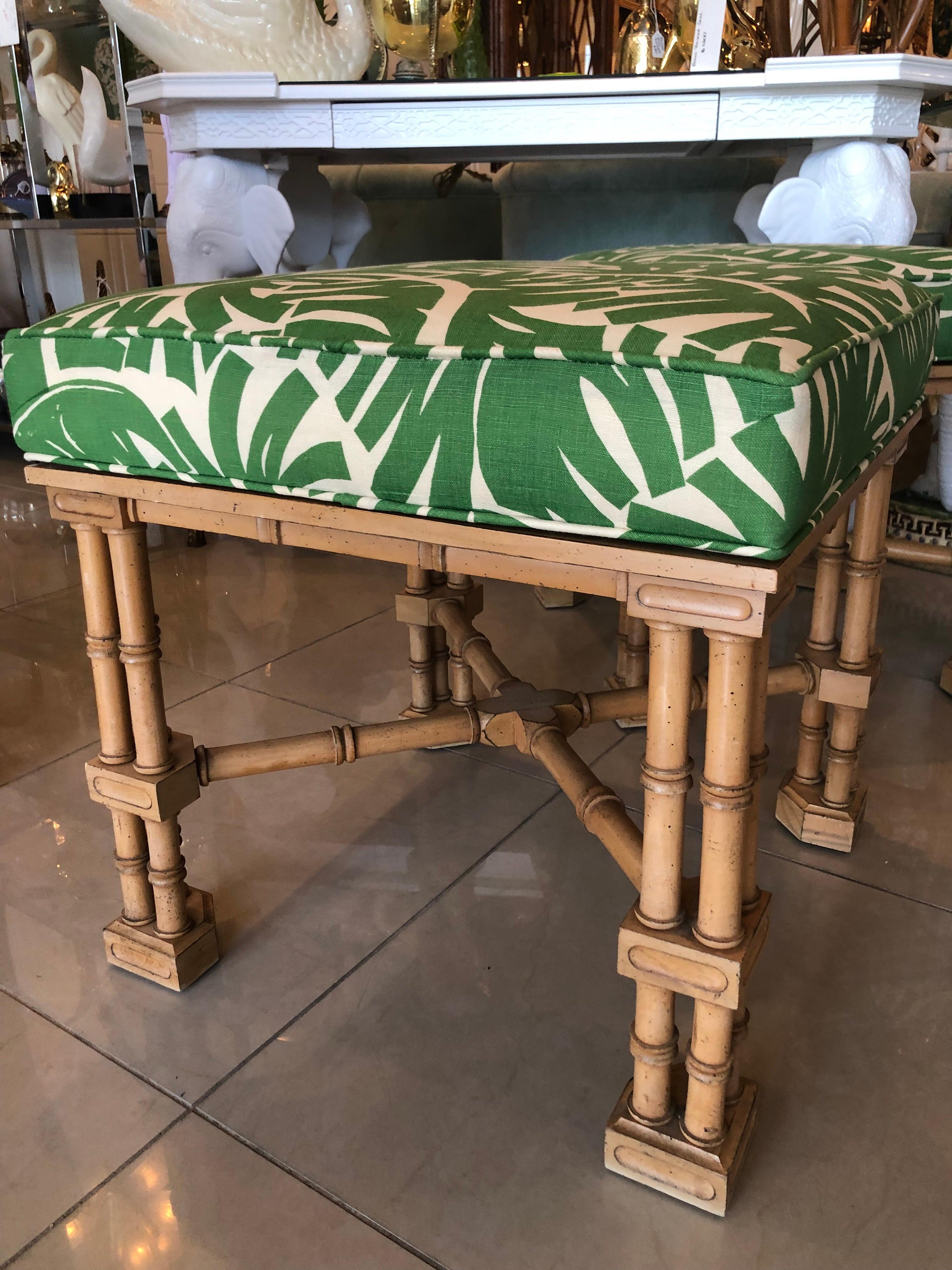 Late 20th Century Vintage Pair Faux Bamboo Tropical Palm Leaf Upholstered Benches Ottomans Stools