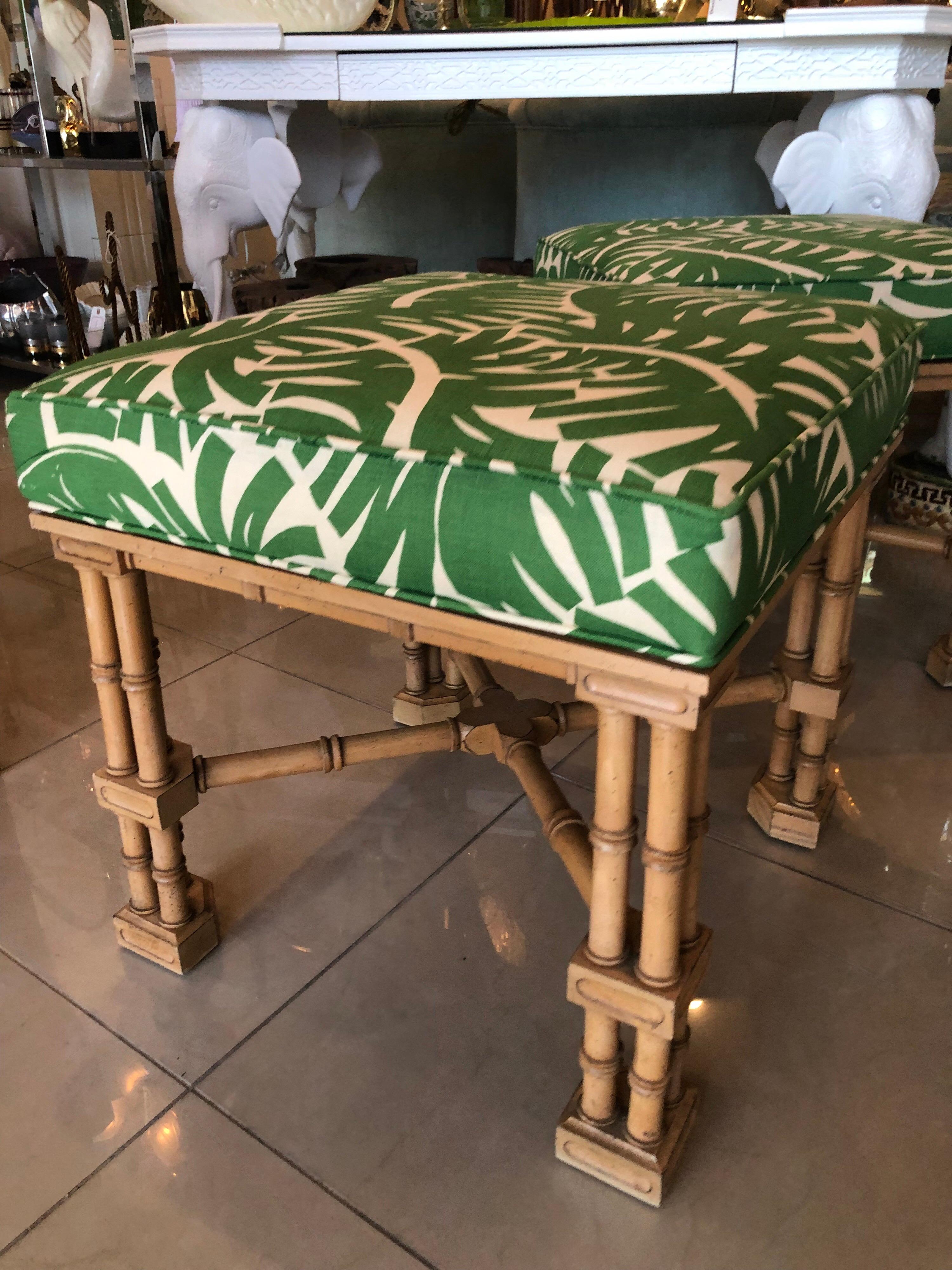Upholstery Vintage Pair Faux Bamboo Tropical Palm Leaf Upholstered Benches Ottomans Stools