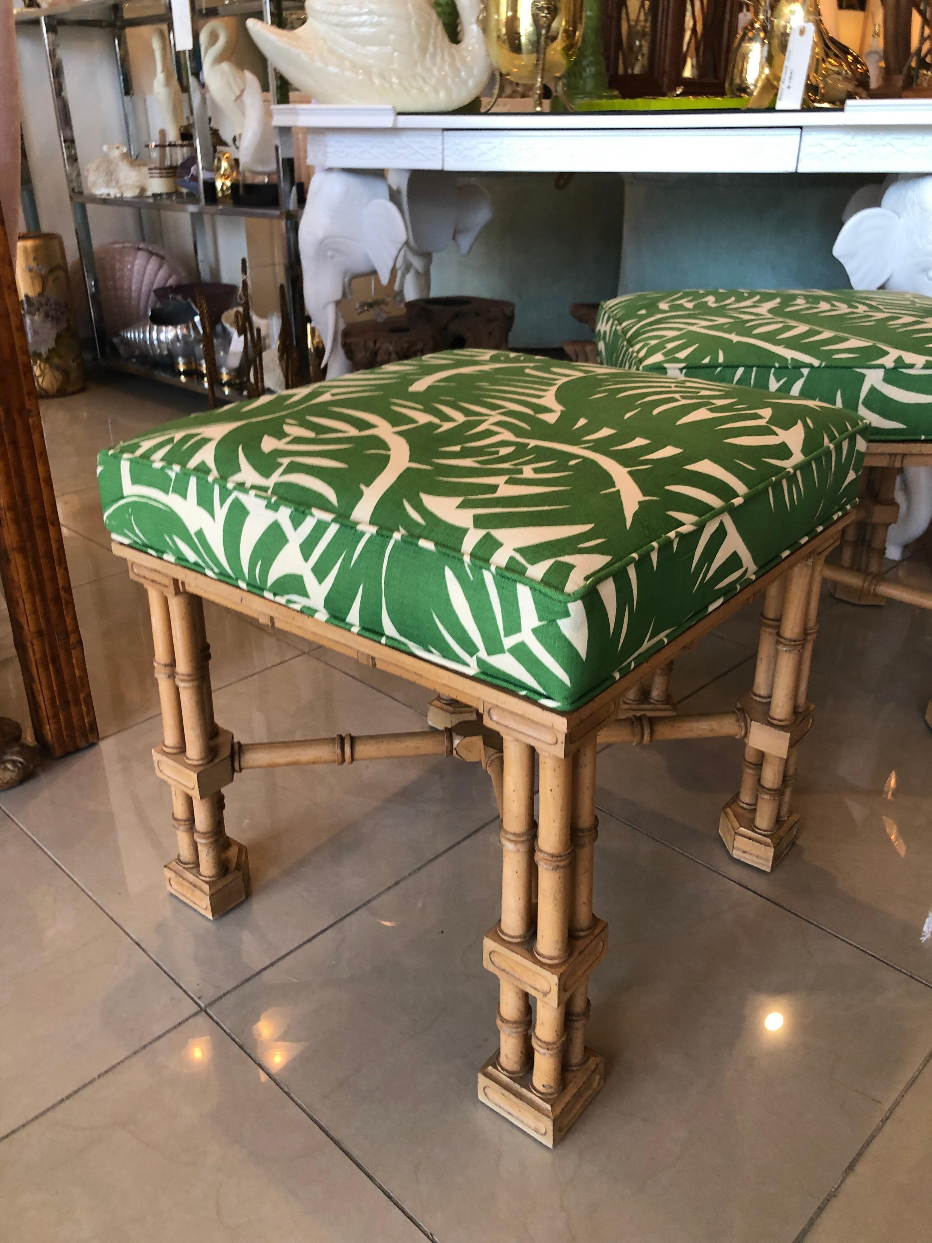 Vintage Pair Faux Bamboo Tropical Palm Leaf Upholstered Benches Ottomans Stools 1