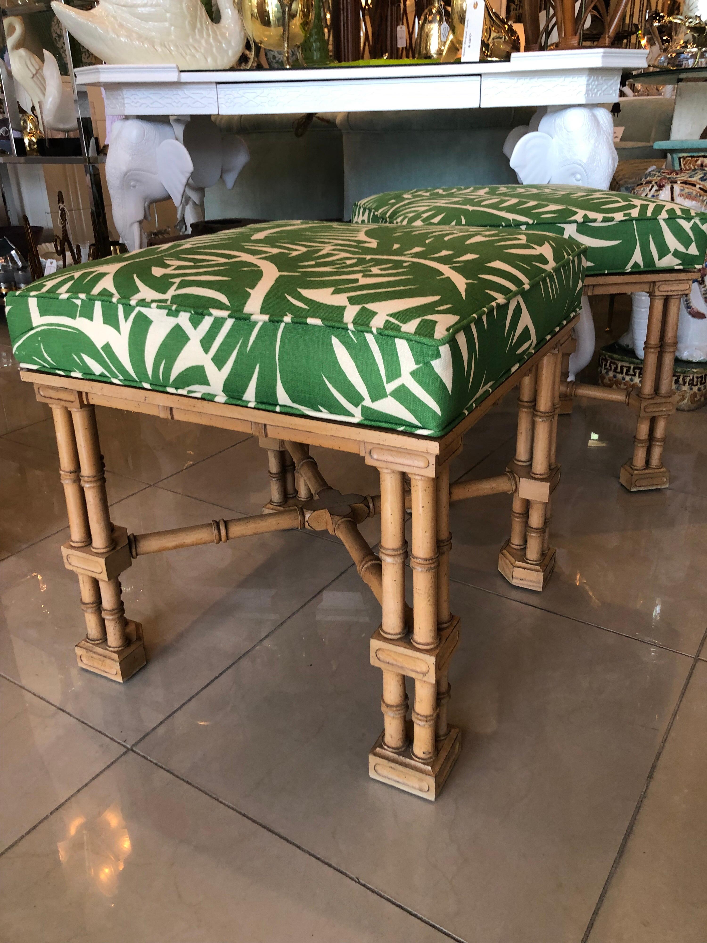 Vintage Pair Faux Bamboo Tropical Palm Leaf Upholstered Benches Ottomans Stools 2
