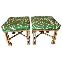 Vintage Pair Faux Bamboo Tropical Palm Leaf Upholstered Benches Ottomans Stools