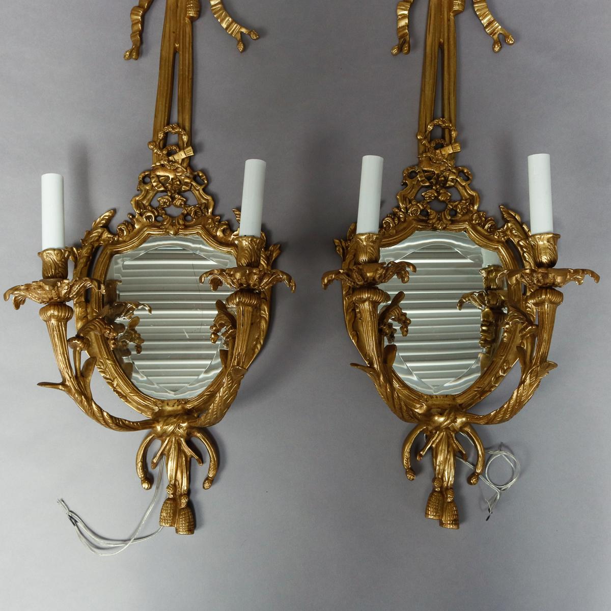 American Vintage Pair of Federal Brass Double Candle Light Mirrored Wall Sconces