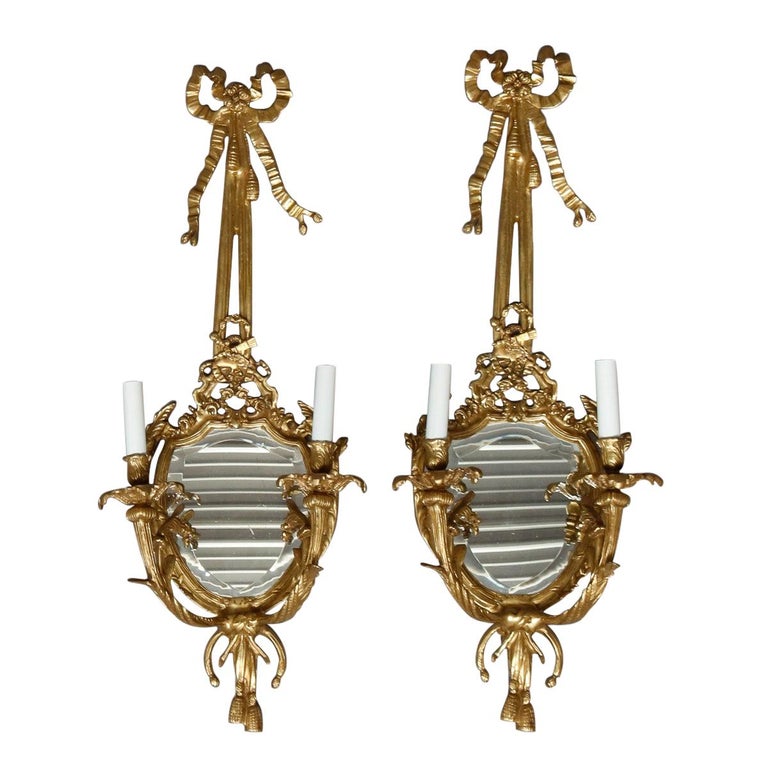 Vintage Pair Of Federal Brass Double Candle Light Mirrored Wall Sconces At 1stdibs