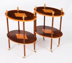 Vintage Pair Flame Mahogany & Satin Wood Etagere Occasional Tables 20th Century