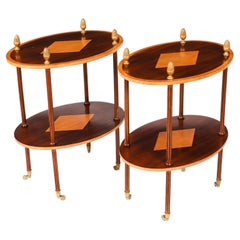Vintage Pair Flame Mahogany & Satin Wood Etagere Occasional Tables 20th Century