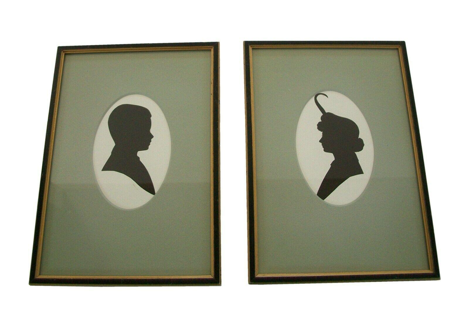 American Vintage Pair Framed Cut Paper Cameo Silhouette Portraits, U.S., Early 20th C. For Sale
