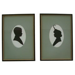Paire de portraits vintage encadrés avec silhouette de camée en papier taillé, États-Unis, début du 20e siècle