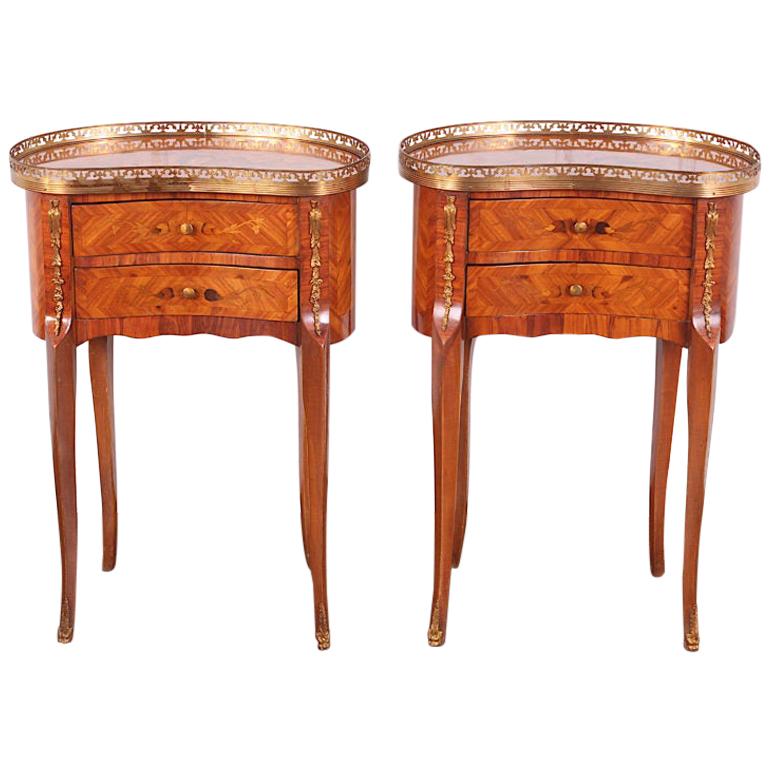 Vintage Pair French Kingwood Marquetry Kidney-Shaped Nightstands Side Tables
