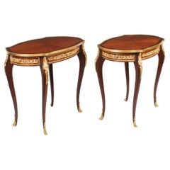 Vintage Pair French Louis Revival Ormolu Mounted Oval Occasional Tables 20th C
