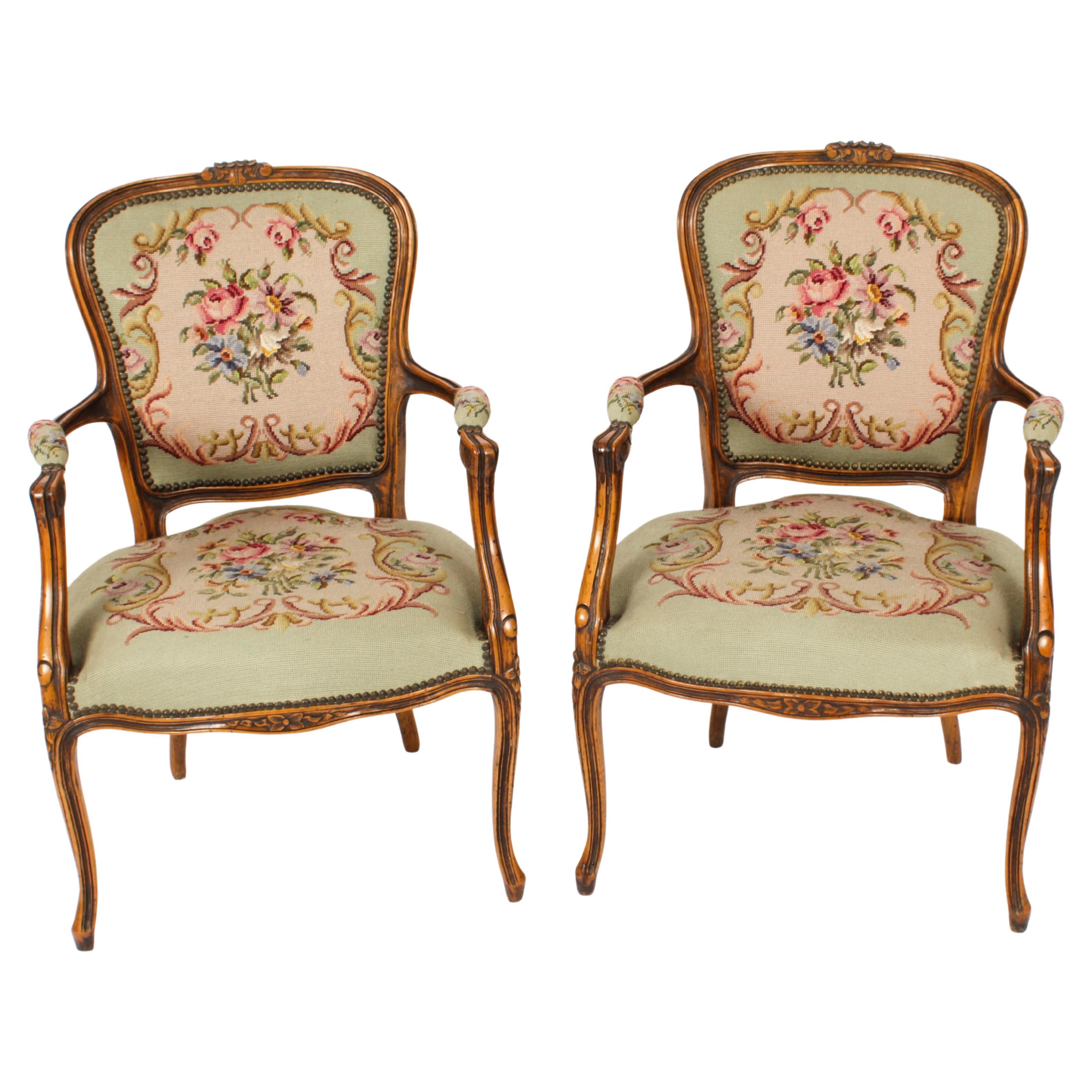 Vintage Pair French Louis XV Revival Armchairs Mid 20th Century