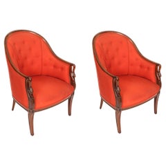 Vintage Pair French Louis XV Revival Swan Tub Armchairs Mid 20th Century