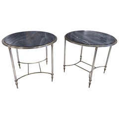 Vintage Pair, French Maison Jansen Style Brass, Steel and Marble Top Gueridons