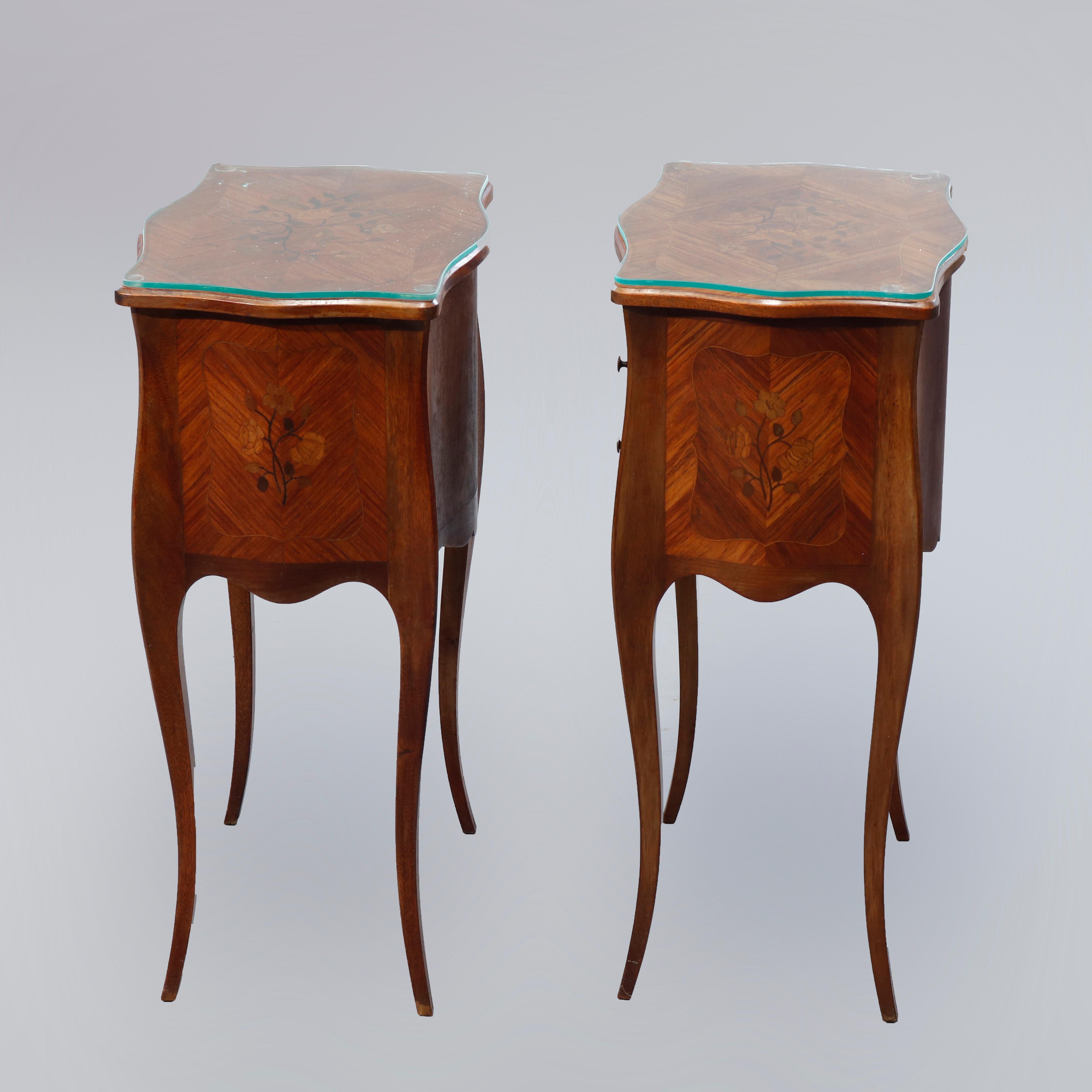 Vintage Pair French Style Mahogany Floral Marquetry Side Stand, Circa 1930 1