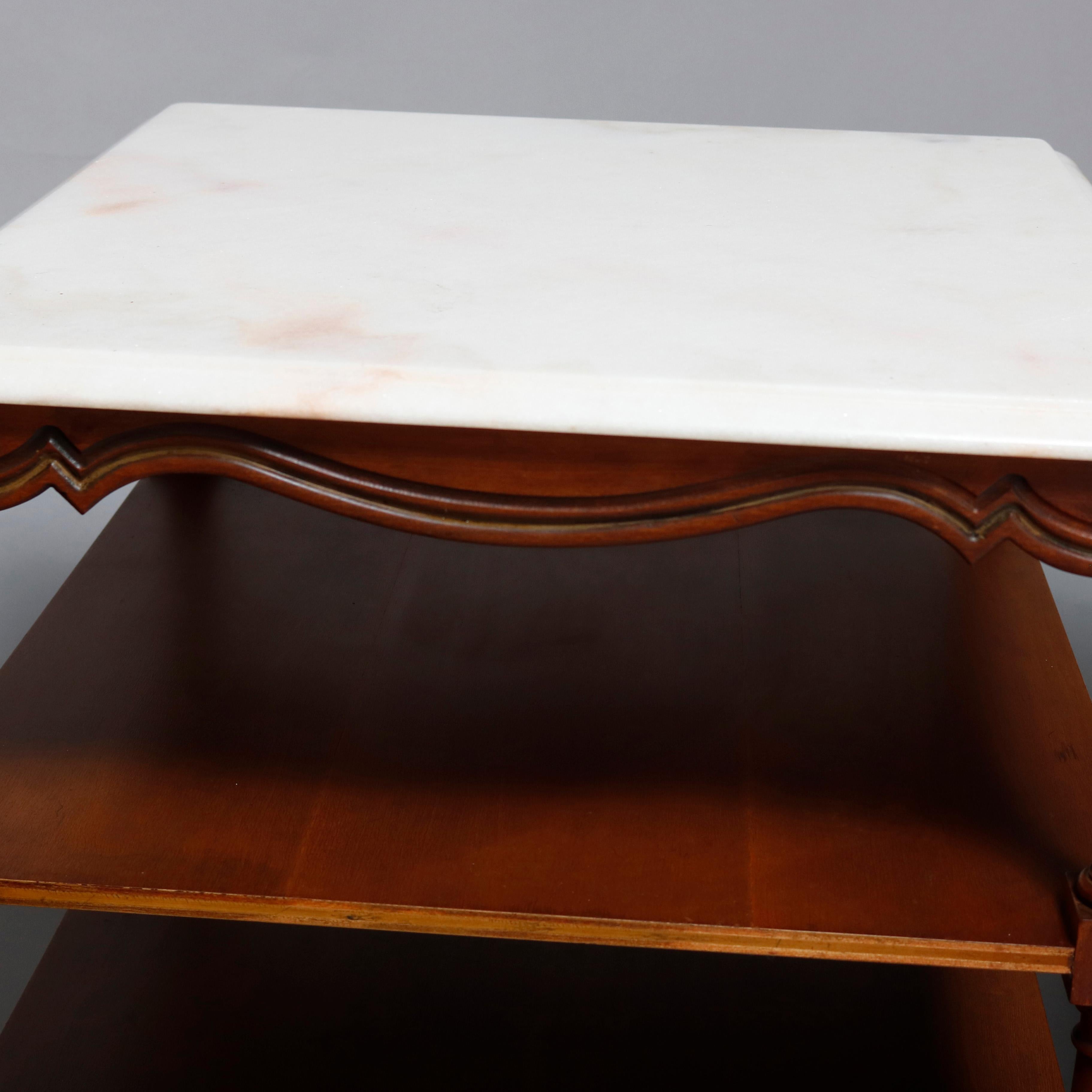 Beveled Vintage Pair French Style Mahogany Marble Top End Tables, 20th Century
