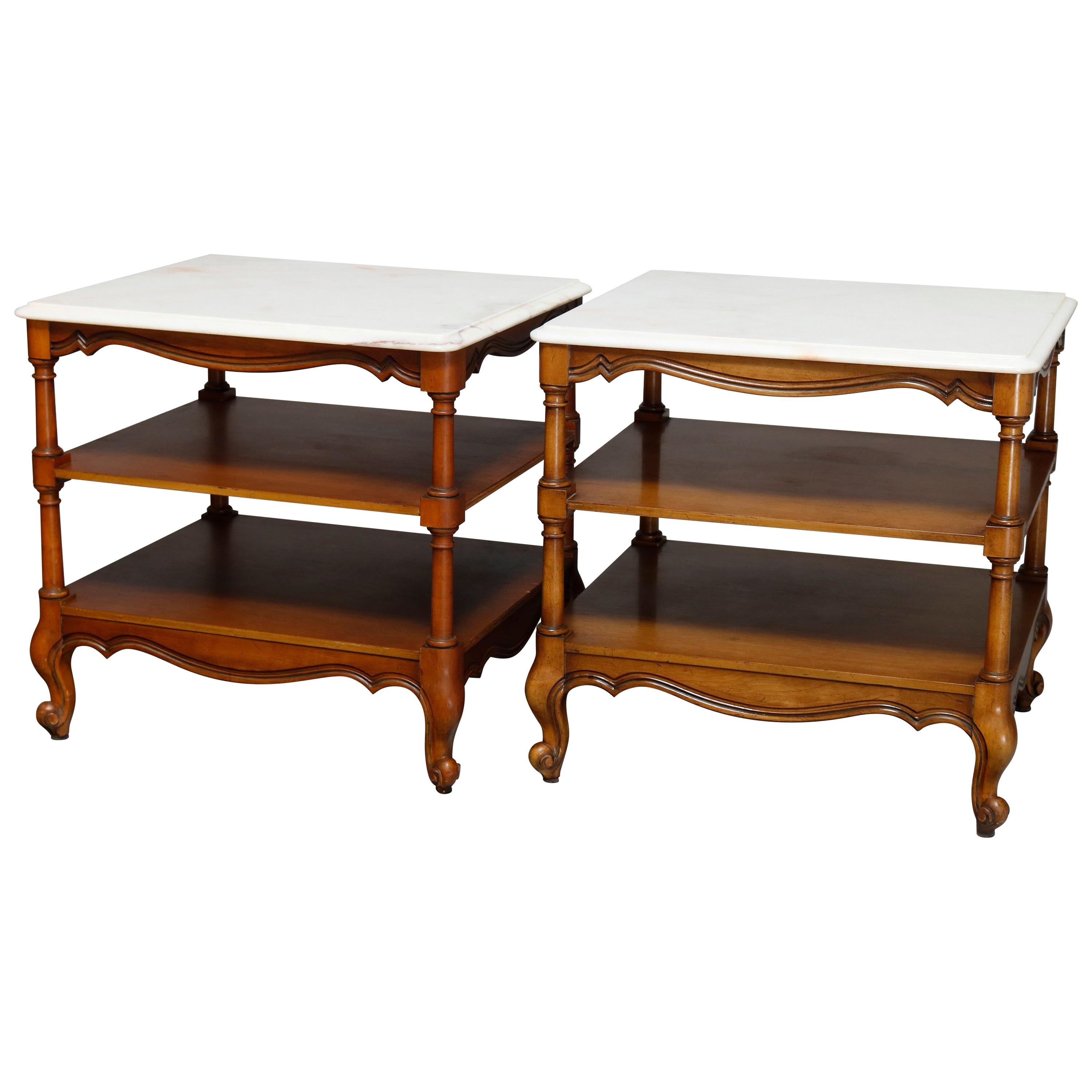 Vintage Pair French Style Mahogany Marble Top End Tables, 20th Century
