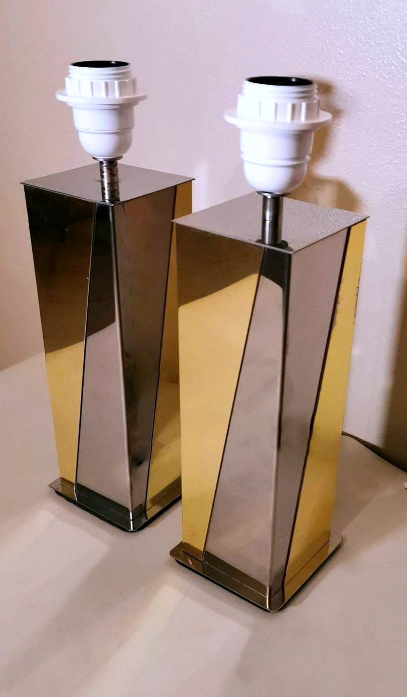 Mid-Century Modern Vintage Pair French Table Lamps in Steel and Brass 'Without Lampshade'