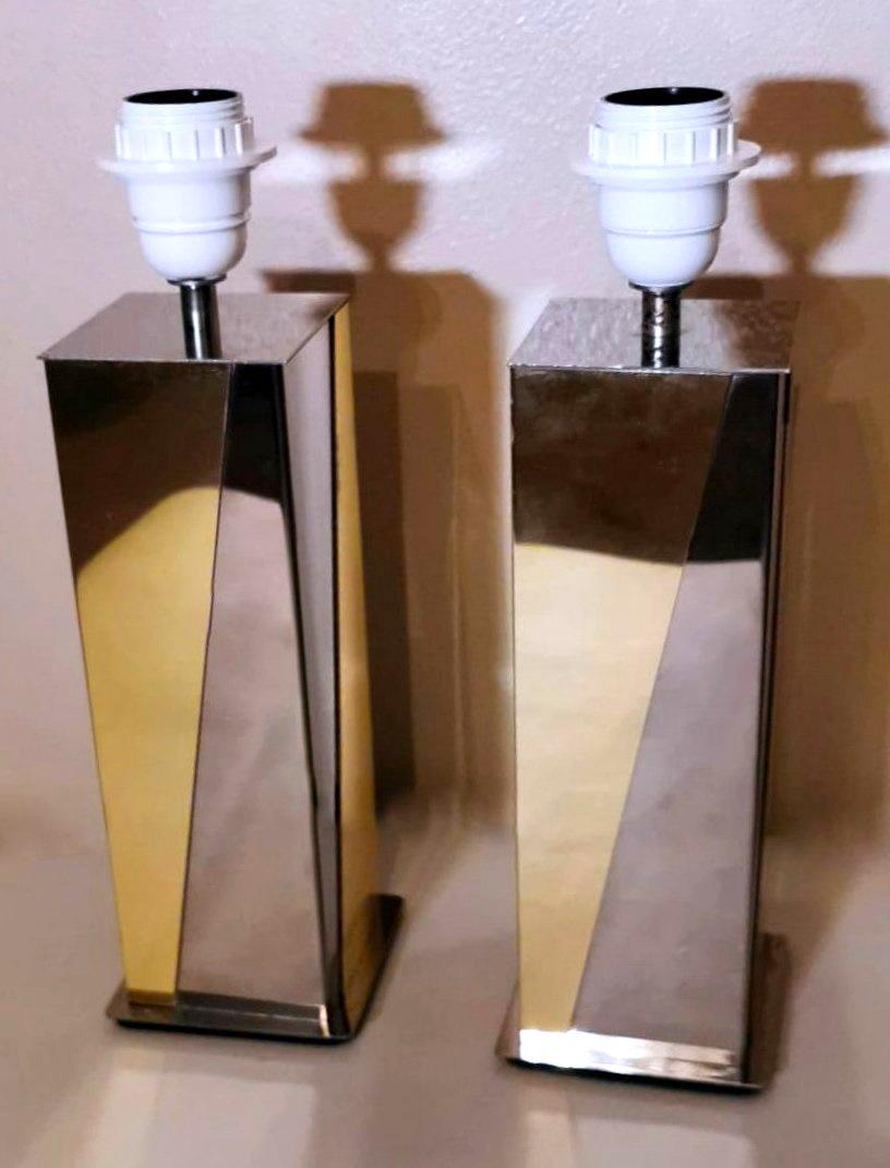 20th Century Vintage Pair French Table Lamps in Steel and Brass 'Without Lampshade'