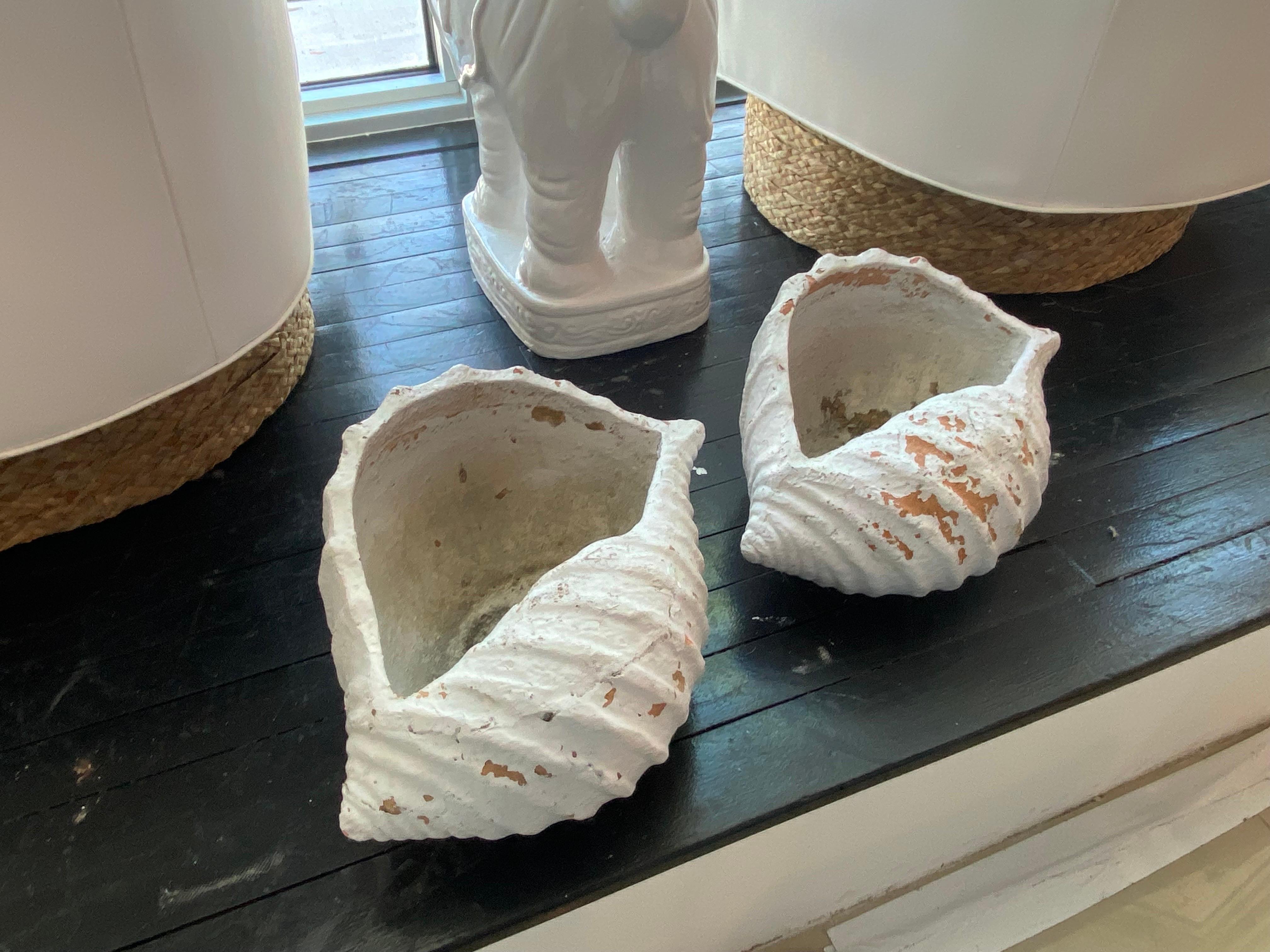 Lovely old chippy white paint over terracotta pair of shell seashell planters pots. Drainage hole inside. Dimensions: 8 H x 16 W x 11 D.